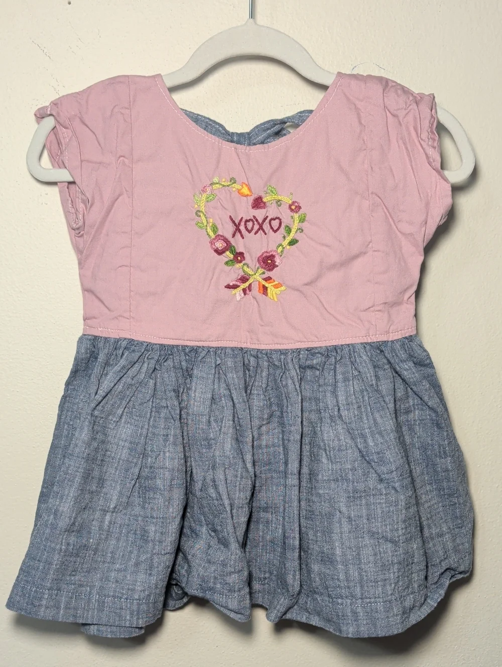 The Fancy Feather XOXO Heart Embroidered Dress Pink Blue Chambray Girls Size 2T